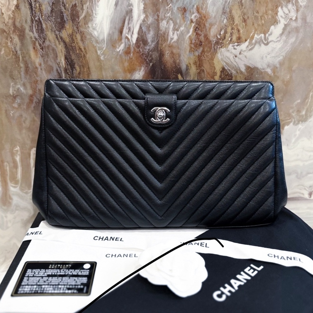 Chanel Large Black Chevron Quilted Caviar Turn Lock CC Oversize Clutch Bag